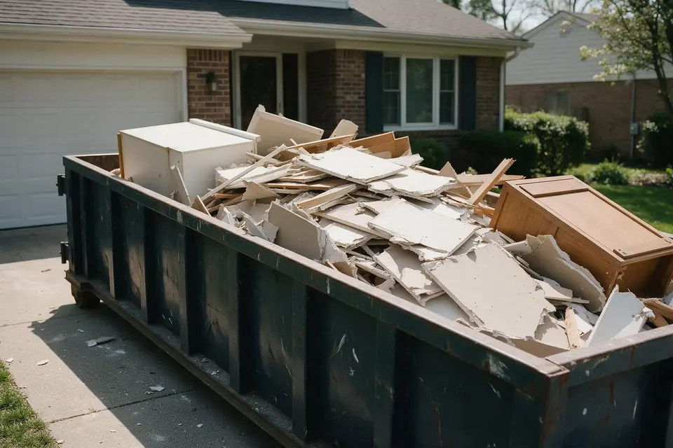 A dumpster in a driveway filled with remodel debris